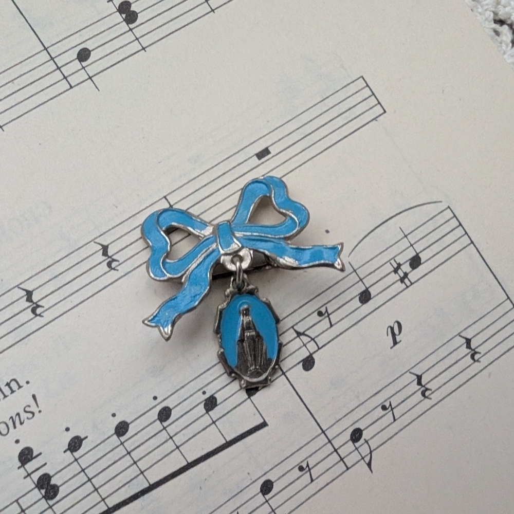 Vintage Religious Blue and Silver Bow Brooch with Pendant